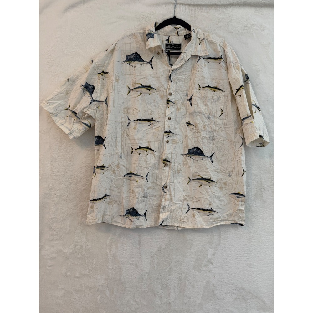 Field & Stream Mens XXL Fishing Shirt Short Sleeve Cotton Marlin Tuna Print Tan
